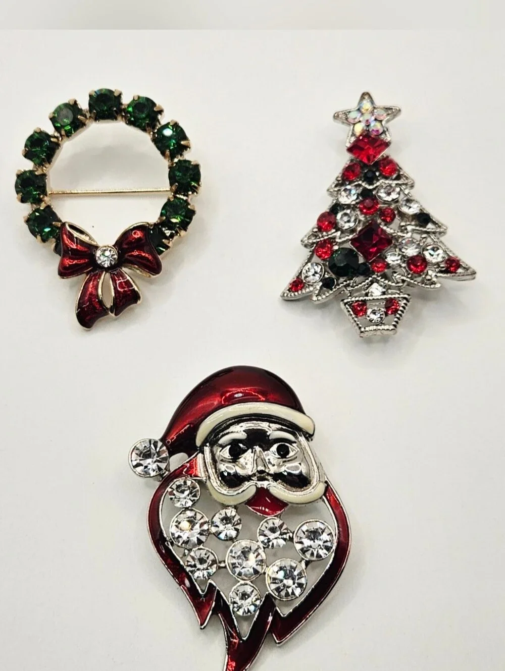 3 Vintage Christmas Brooches Pins Rhinestone Bling Lot